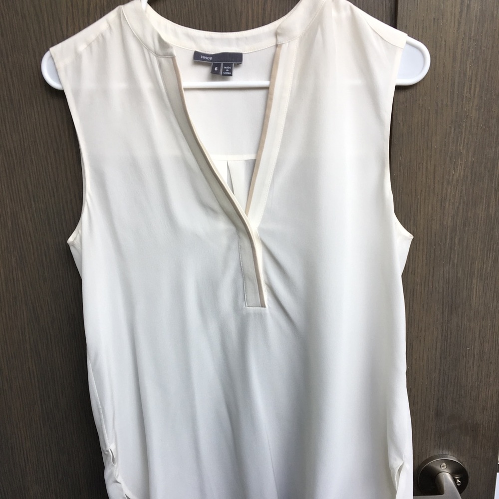 White Vince sleeveless silk top with tan piping